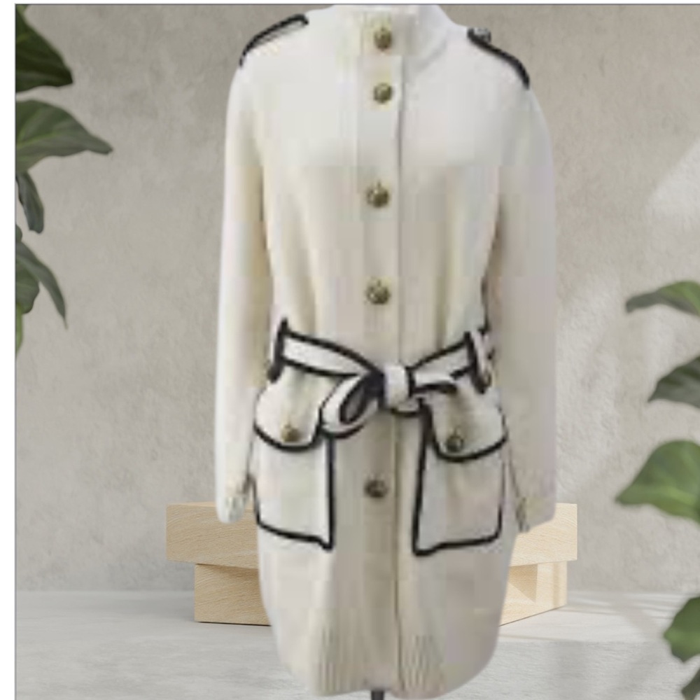 Tory Burch Cream Navy Knit Military
Duster Cardigan Gold Buttons Size 4